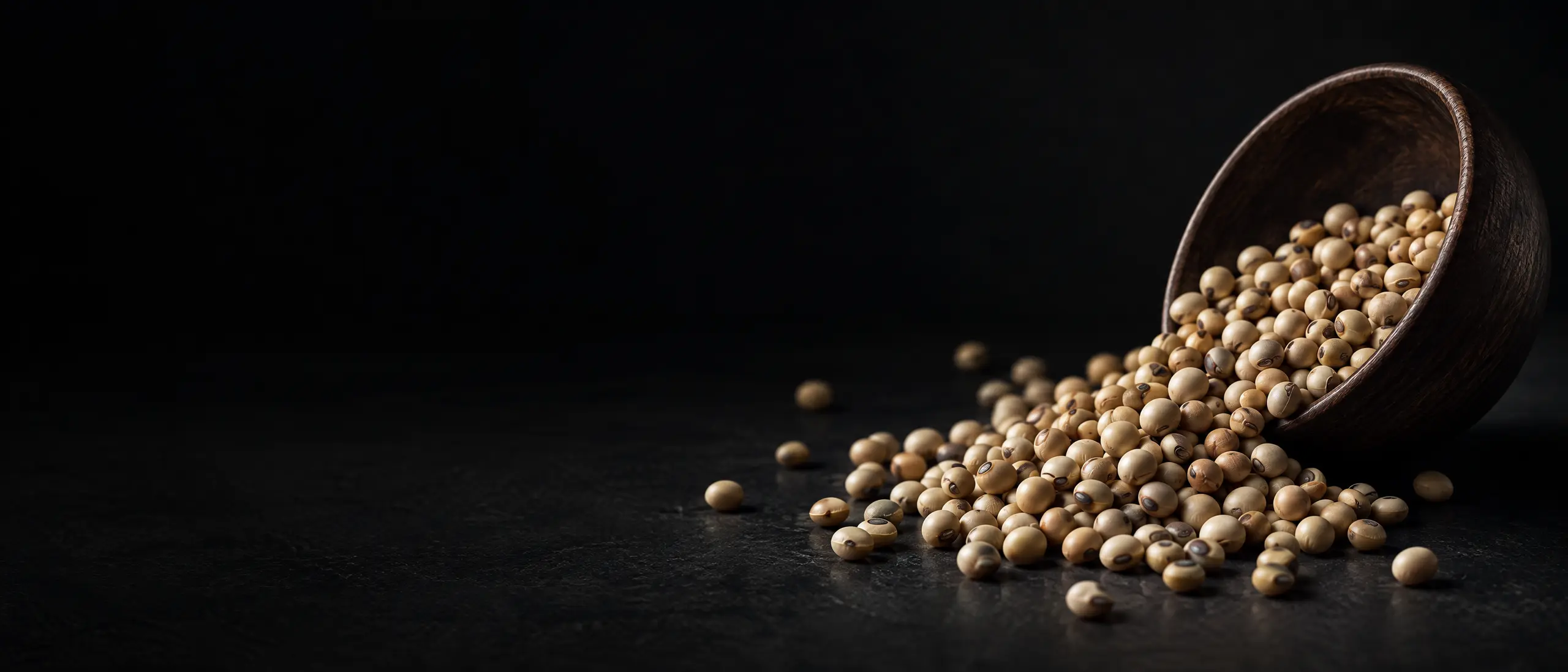 Soybeans spilling from a bowl on a dark surface