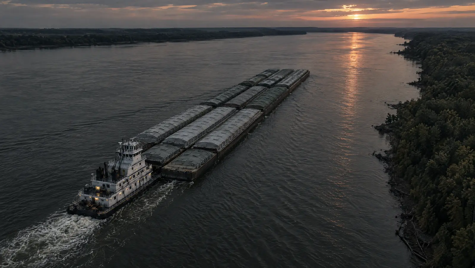 Towboat pushing covered grain barges down the Mississippi River at dusk
