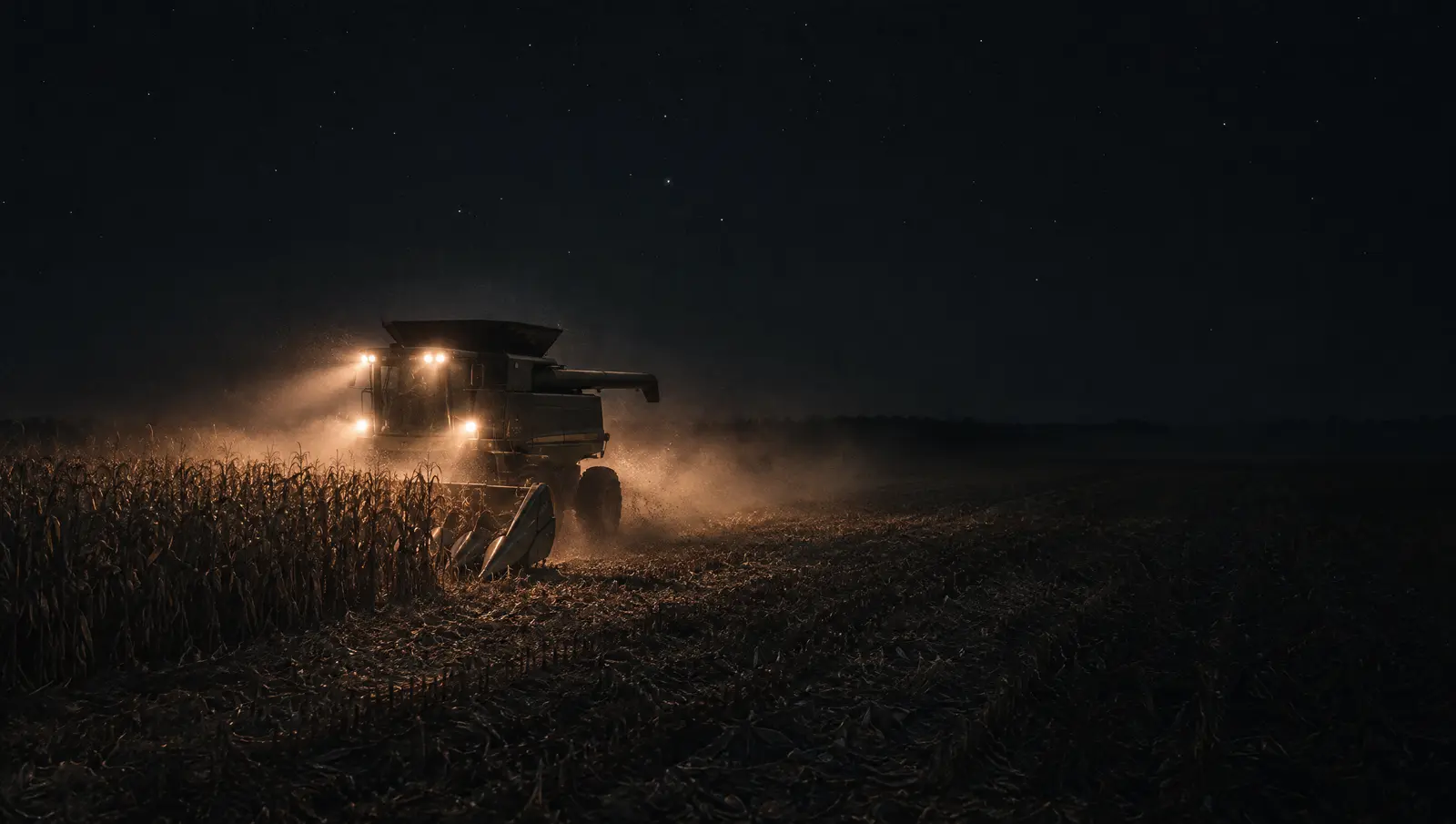 Combine harvesting corn at night, headlights cutting through dust