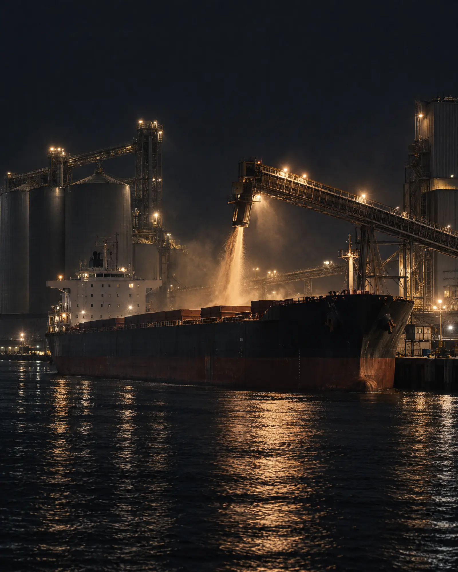 Bulk carrier loading grain at an export terminal at night