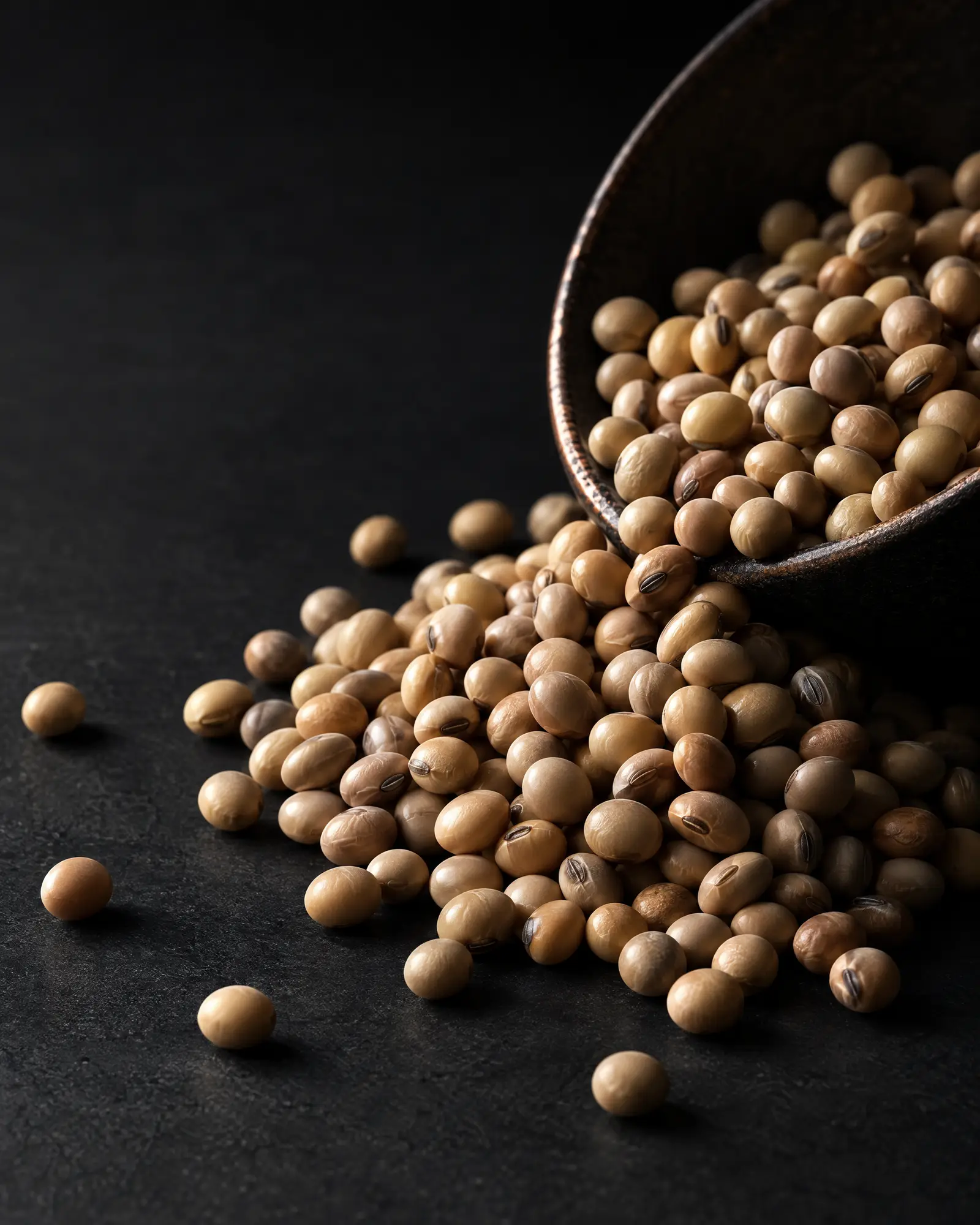Soybeans spilling from a bowl on a dark surface