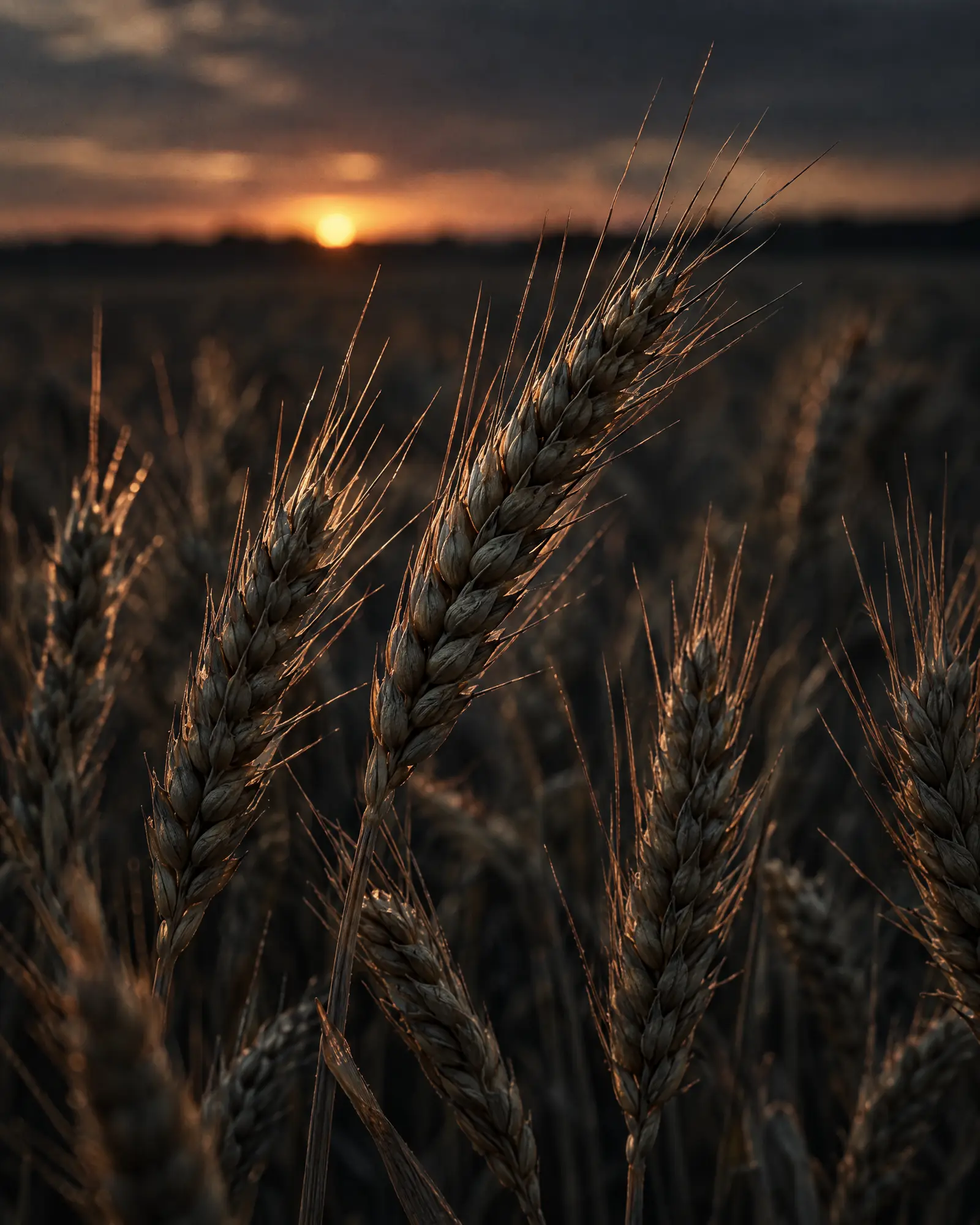 Ripe wheat heads backlit at dusk